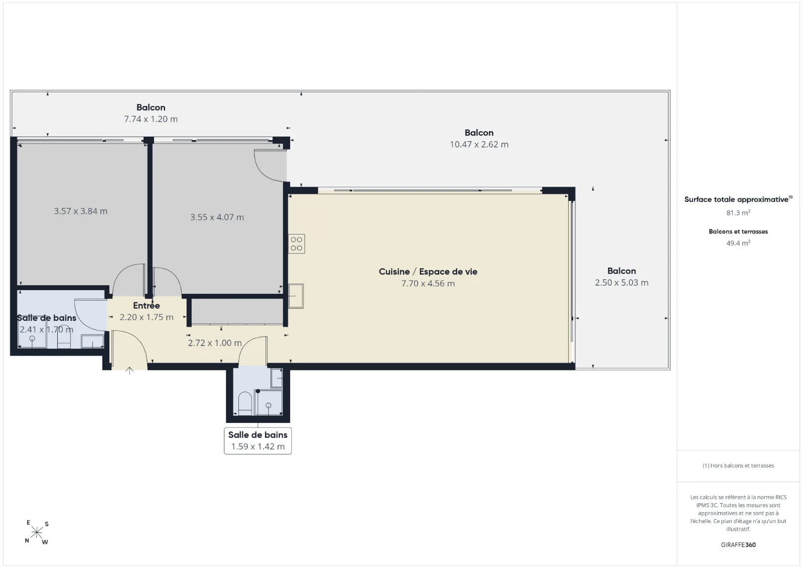 Plan Californie : cuisine et espace de vie, deux chambres, deux salles d'eau, balcons et terrasses. Surface intérieure approximative 81,3 m² ; extérieurs 49,4 m².