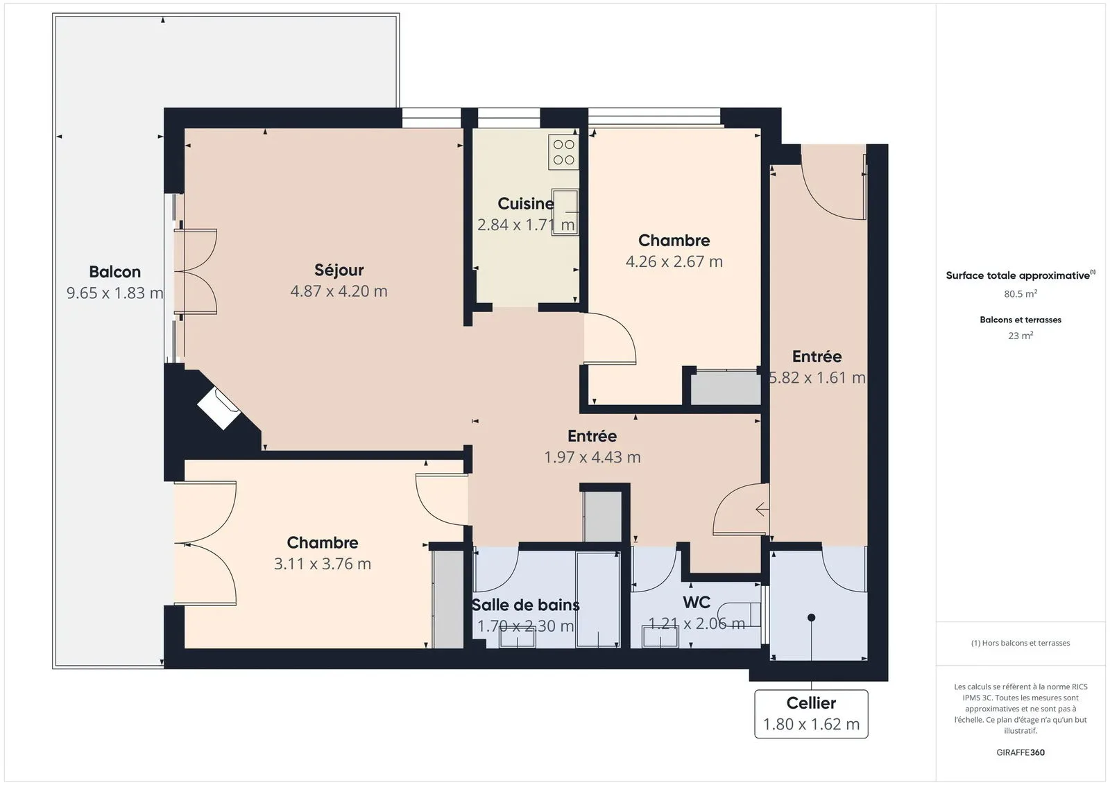 Plan détaillé de l'appartement de 80,5 m²