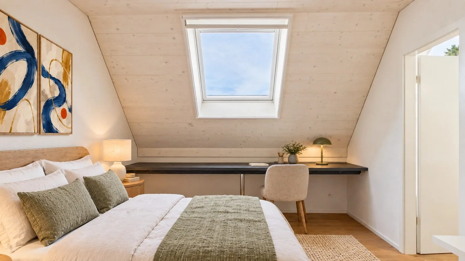 Une chambre aux accents naturels, projection d'aménagement virtuel
