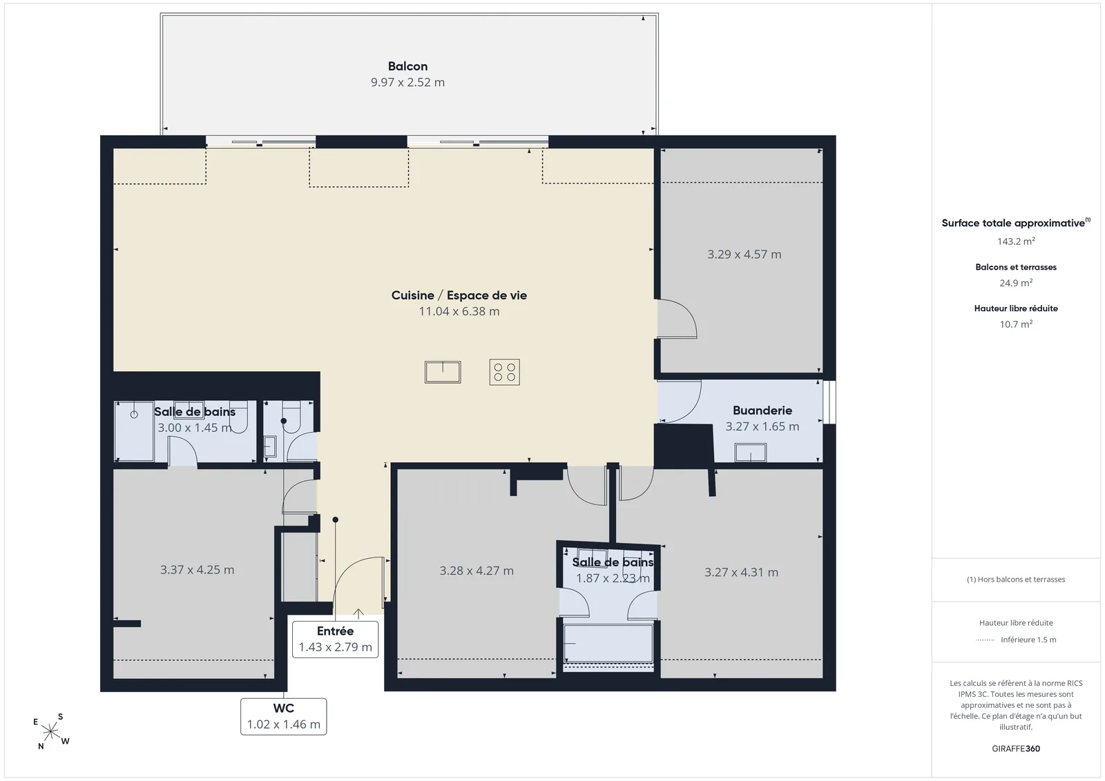Plan de l'appartement : pièce de vie, quatre espaces privés, sanitaires, buanderie et balcon